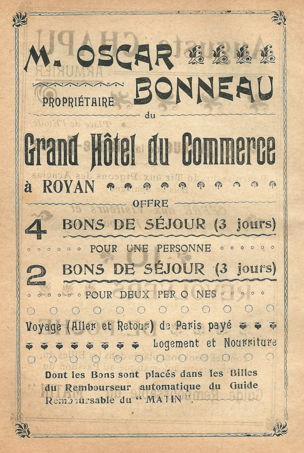 Schwarz-weiß-Anzeige für das Grand Hotel du Commerce in Paris, mit Text, der die Hotelangebote beschreibt.