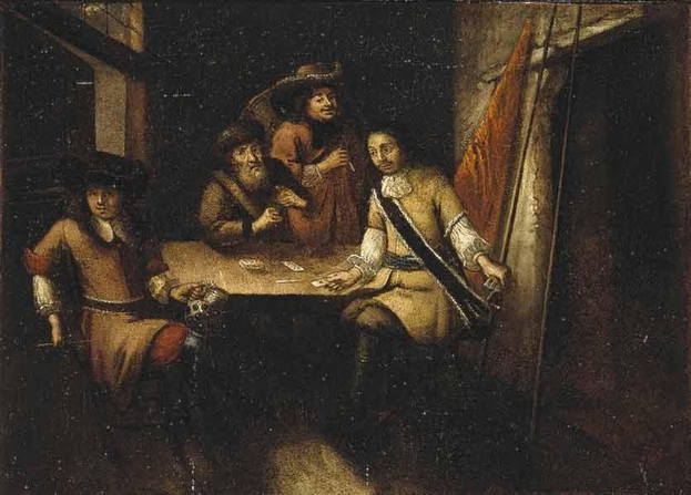 Gemälde namens "Das Kartenspiel" von Rembrandt van Rijn, das eine Gruppe von Menschen beim Kartenspielen an einem Tisch in einer Wirtschaft zeigt, mit einem Vorhang und einem Fenster rechts daneben.