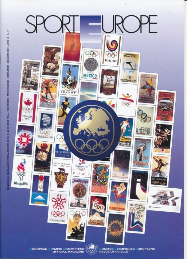 Ein Buchumschlag mit dem Titel "Sporting Europe", der farbenfrohe olympische Bilder, Symbole und Designs aus europäischen Spielen zeigt.