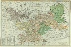 Ein altes Deutschland-Karte mit hervorgehobenen Provinzen Westfalens, angezeigt in einem Foto-Rahmen mit beschreibendem Text.