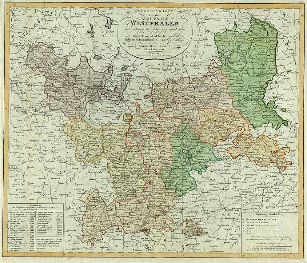 Ein altes Deutschland-Karte mit hervorgehobenen Provinzen Westfalens, angezeigt in einem Foto-Rahmen mit beschreibendem Text.