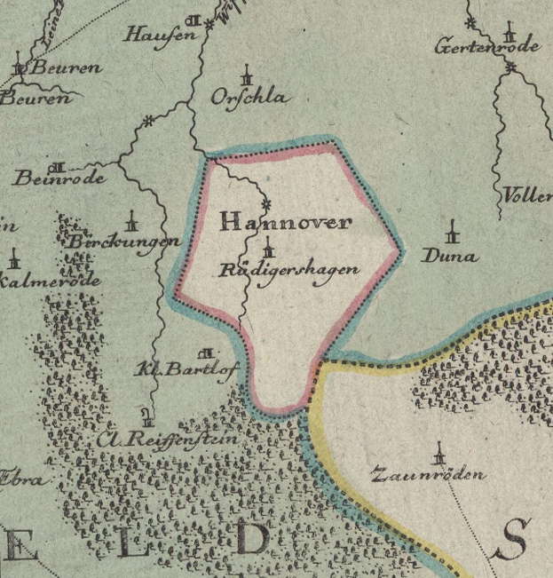 Detailierte alte Karte von Hannover, Deutschland, die geografische Merkmale, Städte, Ortschaften, Straßen, Sehenswürdigkeiten und zusätzliche textuelle Informationen wie die Bevölkerung zeigt.