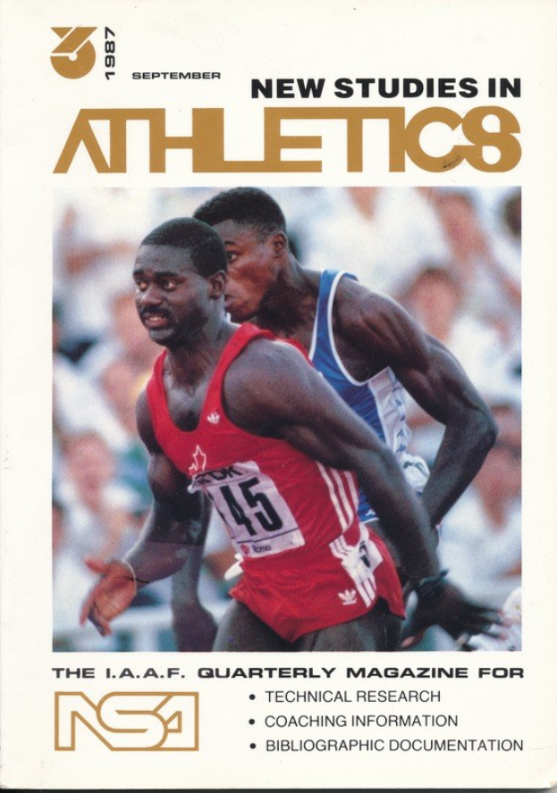 Titelbild "Neue Studien im Leichtathletik September 1987" mit zwei Personen und sichtbarem Text auf dem Buch.