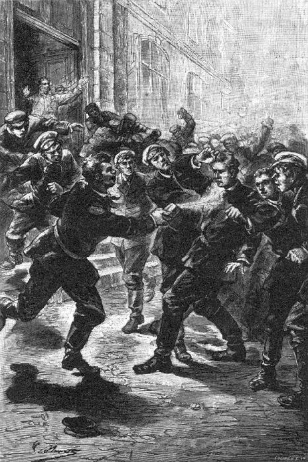 Schwarze und weiße Illustration einer gewalttätigen Straßenprügelei zwischen einer Gruppe von Männern, mit einem Gebäude im Hintergrund und der Bildunterschrift "Victorian riots in London, England" unten.