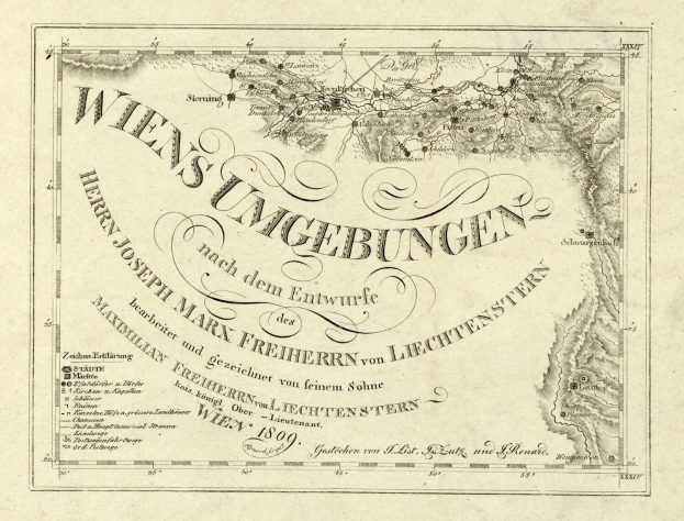 Alte detaillierte Karte von Wien, Deutschland, zeigt geografische Merkmale, Städte, Orte und textuelle Informationen zur Bevölkerung, Straßen und Sehenswürdigkeiten.