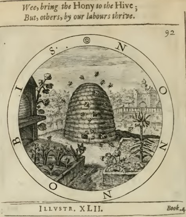 Ein altes Buch mit einer Zeichnung eines Bienenstocks umgeben von Pflanzen und Bäumen, mit dem Text "Wee, bring den Honig zur Wabe, aber andere durch unsere Arbeit's thrive".