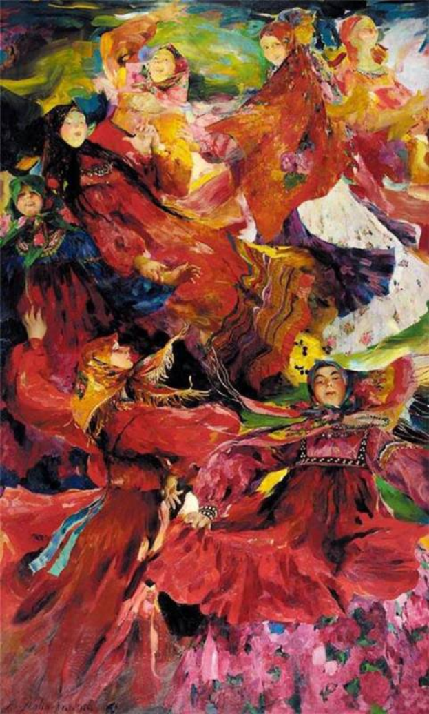 Ein Bild von Frauen in roten Kleidern, die mit ausgestreckten Armen und Beinen tanzen, vor einem Hintergrund aus Blues, Greens, Yellows und Oranges, mit fetter Schrift unten.