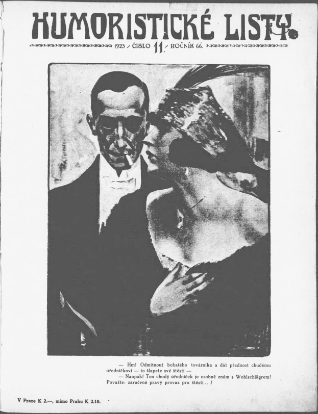 Schwarzes und weißes Magazin-Cover mit der Überschrift 'Humoristische Liste', das einen Mann im Anzug mit ernster Miene und eine Frau zeigt, die verschmitzt in eine andere Richtung schaut.