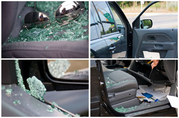 Ein Collage aus vier Bildern: Brille auf Glasscherben, eine Seitansicht eines Autos, ein gebrochenes Autofenster und ein Autositz voller Glasscherben.