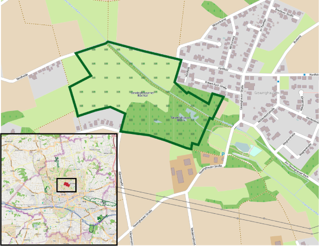 Ein detaillierter Stadtplan von Gewinghausen, Deutschland, der einen grünen Bereich hervorhebt, der den vorgeschlagenen Standort zeigt, mit sichtbaren Straßen, Gebäuden und Sehenswürdigkeiten.