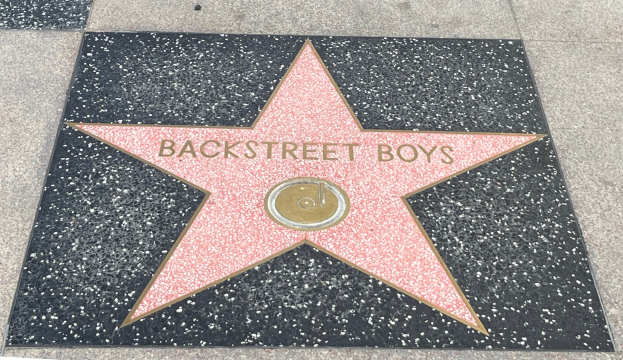 Ein Stern auf dem Hollywood Walk of Fame mit den Worten 'Backstreet Boys' in fetter, schwarzer Schrift auf einem schwarz-weißen Schachbrettboden.