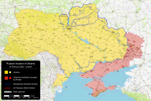Eine Karte von Ukraine mit der russischen Invasion in verschiedenen Farben hervorgehoben und Text auf der linken Seite, der Details zur Invasion liefert.