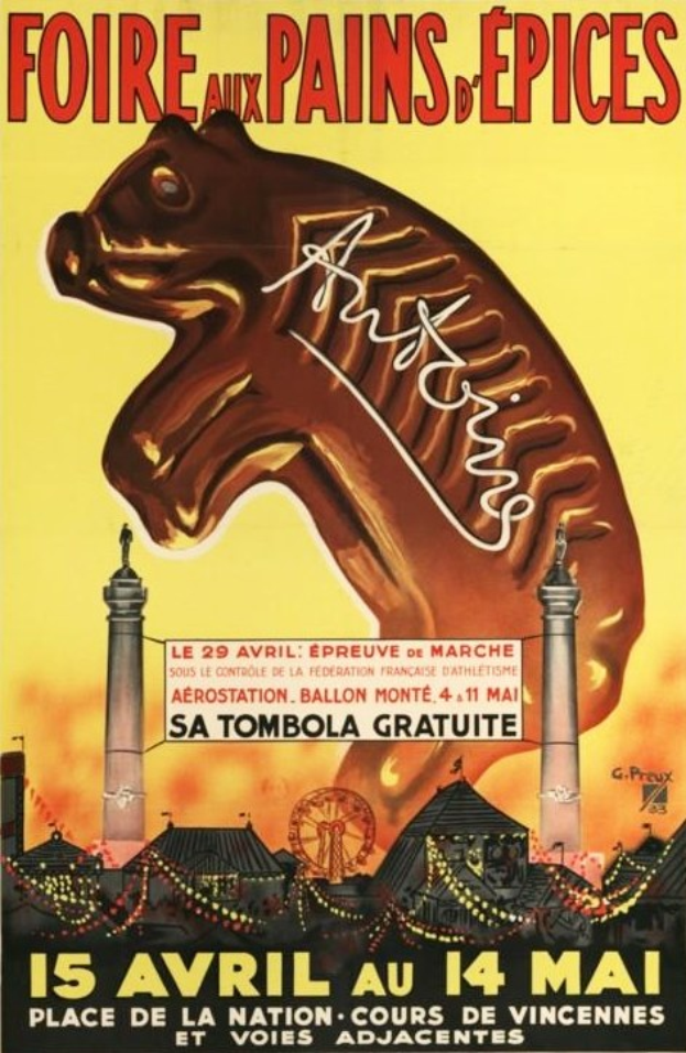 Zirkusposter in Paris mit einem Pferd, zwei Türmen, einem Riesenrad und dem Text "Faire aux Pains de Epices" oben drauf.