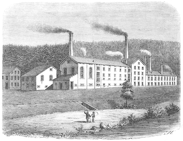 Eine Schwarz-Weiß-Radierung des New York State Penitentiaries, ein fabrikähnlicher Bau mit Rauch aus seinen Schornsteinen, umgeben von Bäumen, Pflanzen und Menschen.