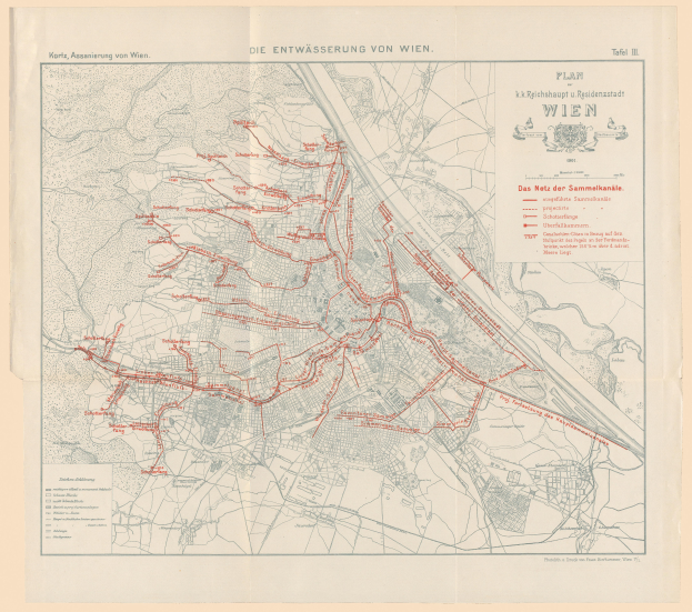 Ein altes Stadtplan von Wien, Deutschland, mit roten Linien, die eine Bahnroute markieren, auf Papier gedruckt.