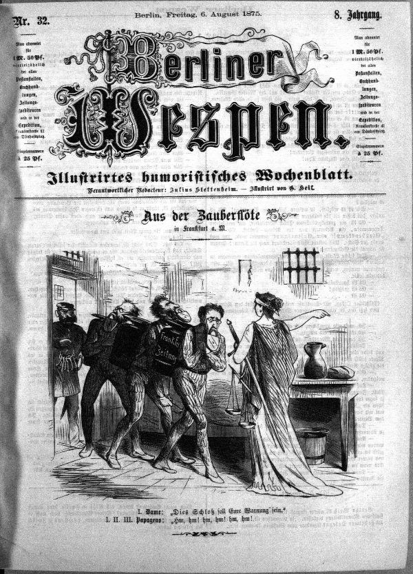 Alte Schwarz-Weiß-Zeitung datiert "Berliner Wespen, August 6, 1875" mit einer Gruppe von Menschen in Not, einige sehen ängstlich nach oben und andere verwirrt nach unten.