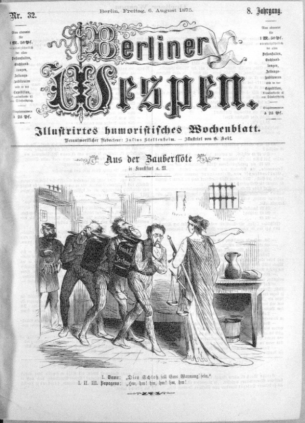 Alte Schwarz-Weiß-Zeitung datiert "Berliner Wespen, August 6, 1875" mit einer Gruppe von Menschen in Not, einige sehen ängstlich nach oben und andere verwirrt nach unten.
