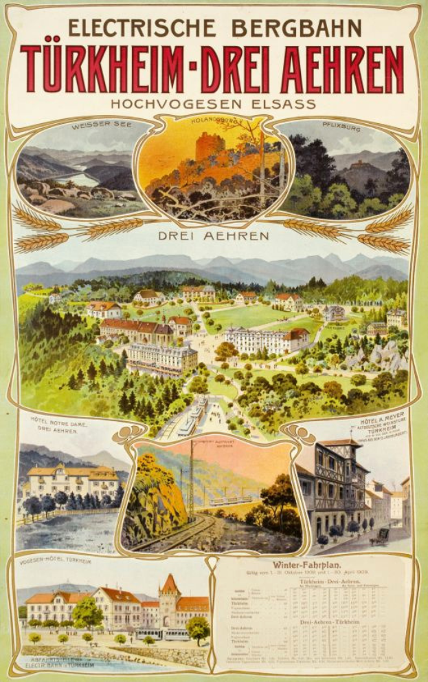 Ein Plakat, das die elektrische Stadt Bergbahn, Deutschland, bewirbt, zeigt Bilder von Gebäuden, Bäumen, Hügeln und beschreibendem Text.