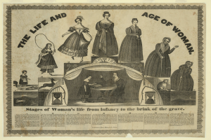 Eine farbenfrohe Illustration des Lebens einer Frau von der Kindheit bis ins hohe Alter mit fettem Text auf Papier.