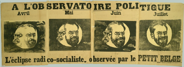 Plakatankündigung einer politischen Veranstaltung namens "L'Éclipse Radio Co-Socialiste", beobachtet von "Le Petit Belge", mit Abbildungen von Menschen und Text.