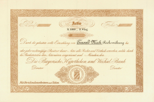 Altes Wertpapier mit goldenem Rand, das ein Männerporträt zeigt, wahrscheinlich eine Anleihe, mit gedrucktem Text.