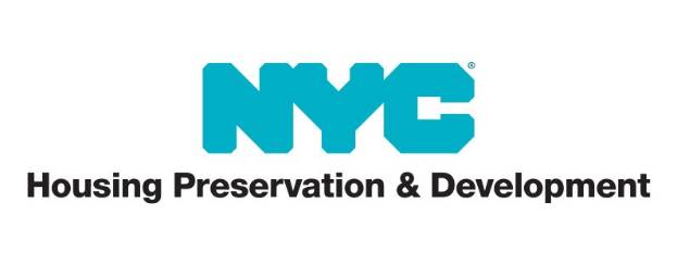 Weißer Hintergrund mit zentralem fetten schwarzen Text "NYC Housing Preservation & Development" in einem dünnen schwarzen Rahmen, in einer modernen professionellen Schriftart.
