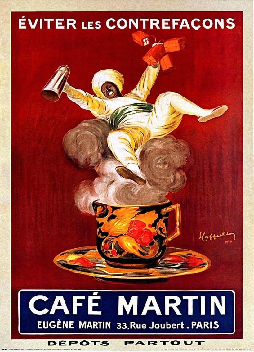 Plakat für Café Martin in Paris, das Kaffee anpreist und eine Person mit einer Tasse zeigt, auf der "Café Martin" in fetter Schrift steht.