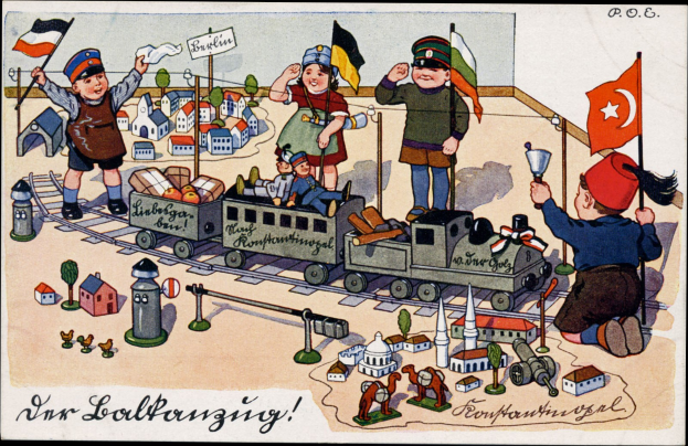 Kinder spielen mit einem Spielzeugrennbahn auf einem Eisenbahngeleise in einem Wohngebiet mit Häusern und Bäumen, Text unten.