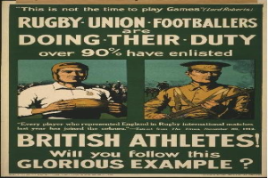 Zwei Rugbyspieler auf einem Plakat, das über 90% der britischen Athleten zeigt, die sich verpflichtet haben, mit begleitendem Text.