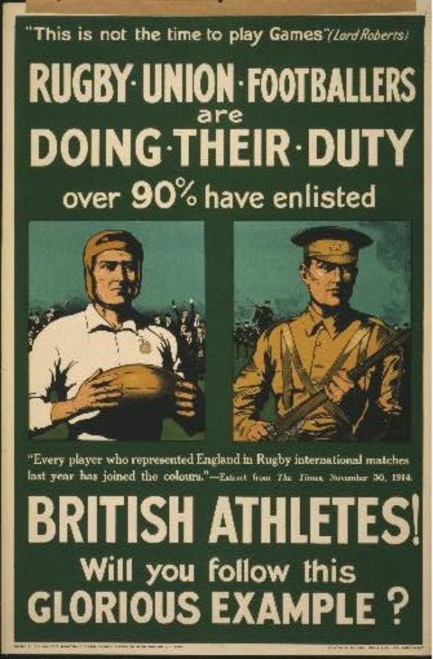Zwei Rugbyspieler auf einem Plakat, das über 90% der britischen Athleten zeigt, die sich verpflichtet haben, mit begleitendem Text.