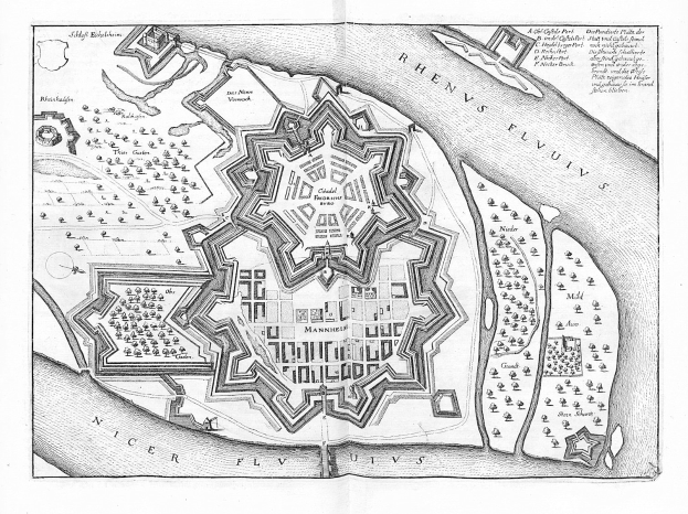 Eine detaillierte Schwarz-Weiß-Zeichnung einer Stadtkarte, die angeblich Rhenen, Niederlande, zeigt, mit Straßen, Gebäuden und anderen Merkmalen.