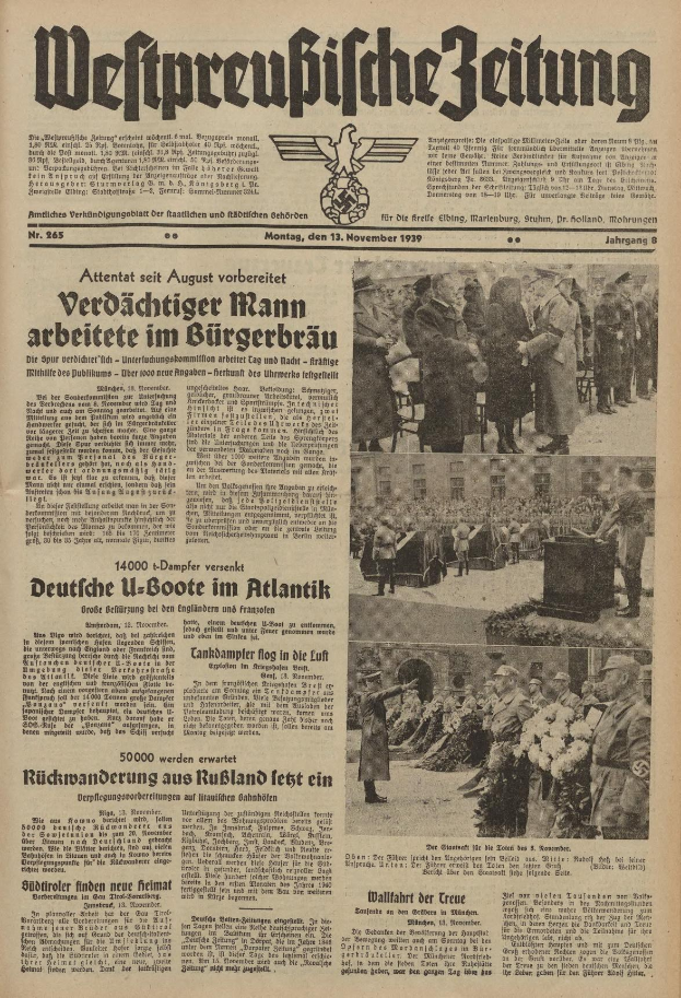 Titelseite einer deutschen Zeitung vom 13. November 1939, betitelt "Weitpreubliche Zeitung", mit einem Bild einer Gruppe von Menschen in traditioneller deutscher Kleidung in einer feierlichen Umgebung.