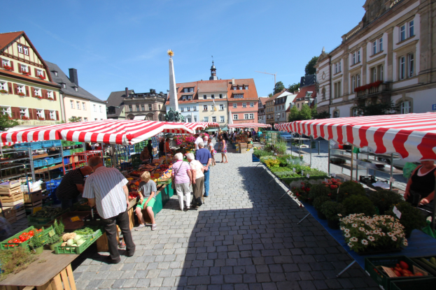 Ein belebter Markt im historischen Stadtkern von Heidelberg, Deutschland mit Menschen, die spazieren gehen, auf Bänken sitzen und um Zelte herumstehen, mit Gemüsekörben auf Tischen und Gebäuden mit Fenstern, Bäumen und einem klaren blauen Himmel im Hintergrund.