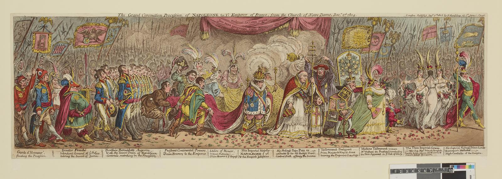 Eine Gruppe von Menschen in farbenfrohen Kostümen steht vor einer Bühne mit einem Vorhang, die den Großen Karneval von Napoleon, Kaiser von Frankreich, feiert, wie es im Text unten auf dem Bild vermerkt ist, datiert auf Dezember 1785, mit einigen, die Fahnen und Deko halten.