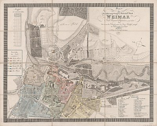 Ein detaillierter alter Stadtplan von Weimar, Deutschland, der Straßen, Gebäude, Sehenswürdigkeiten und Texte zeigt, die Informationen über die Bevölkerung, Sehenswürdigkeiten und Straßen der Stadt liefern.