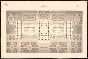 Ein detaillierter Grundriss des Erdgeschosses von Schloss Berlin mit zahlreichen Räumen und begleitendem Text.