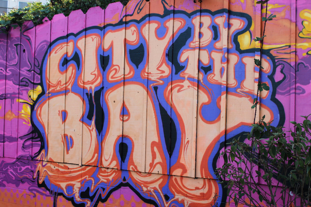 Graffiti auf einer Holzwand mit Text, einer Pflanze, B√§umen und einem Geb√§ude im Hintergrund.